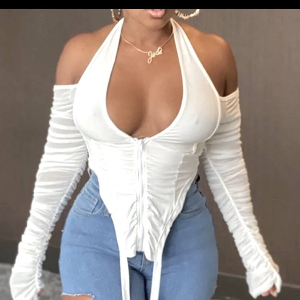 Halter Mesh Perspective Pleated Long Sleeve Sexy Irregular Zipper Shirt